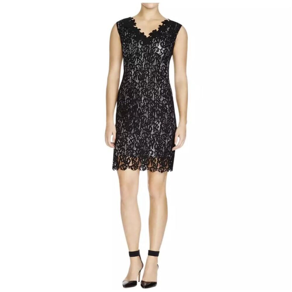 Elie Tahari Womens V-Neck Sleeveless Floral Lace Naya Sheath Dress Black Size 10